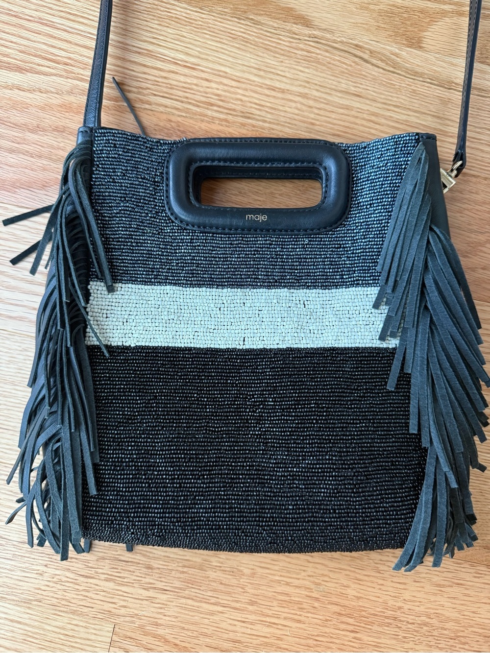 Maje Beaded Fringe M Bag Crossbody Navy Ivory Black Sheep Leather Cutout Handle